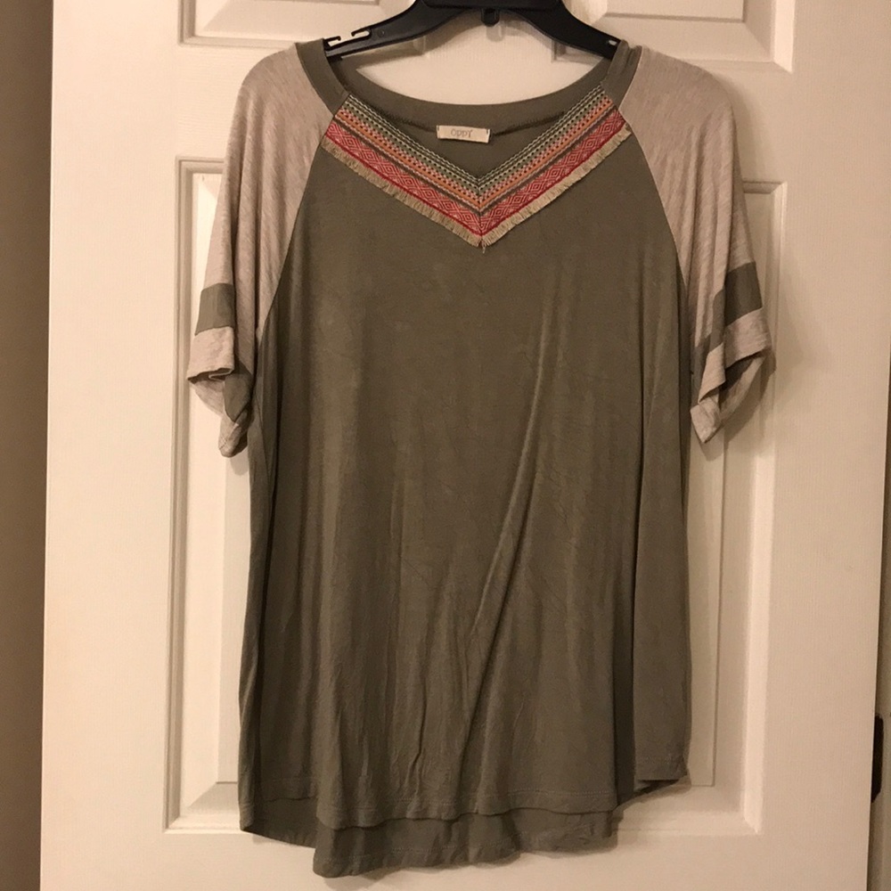 Olive green shirt with embroidery trim